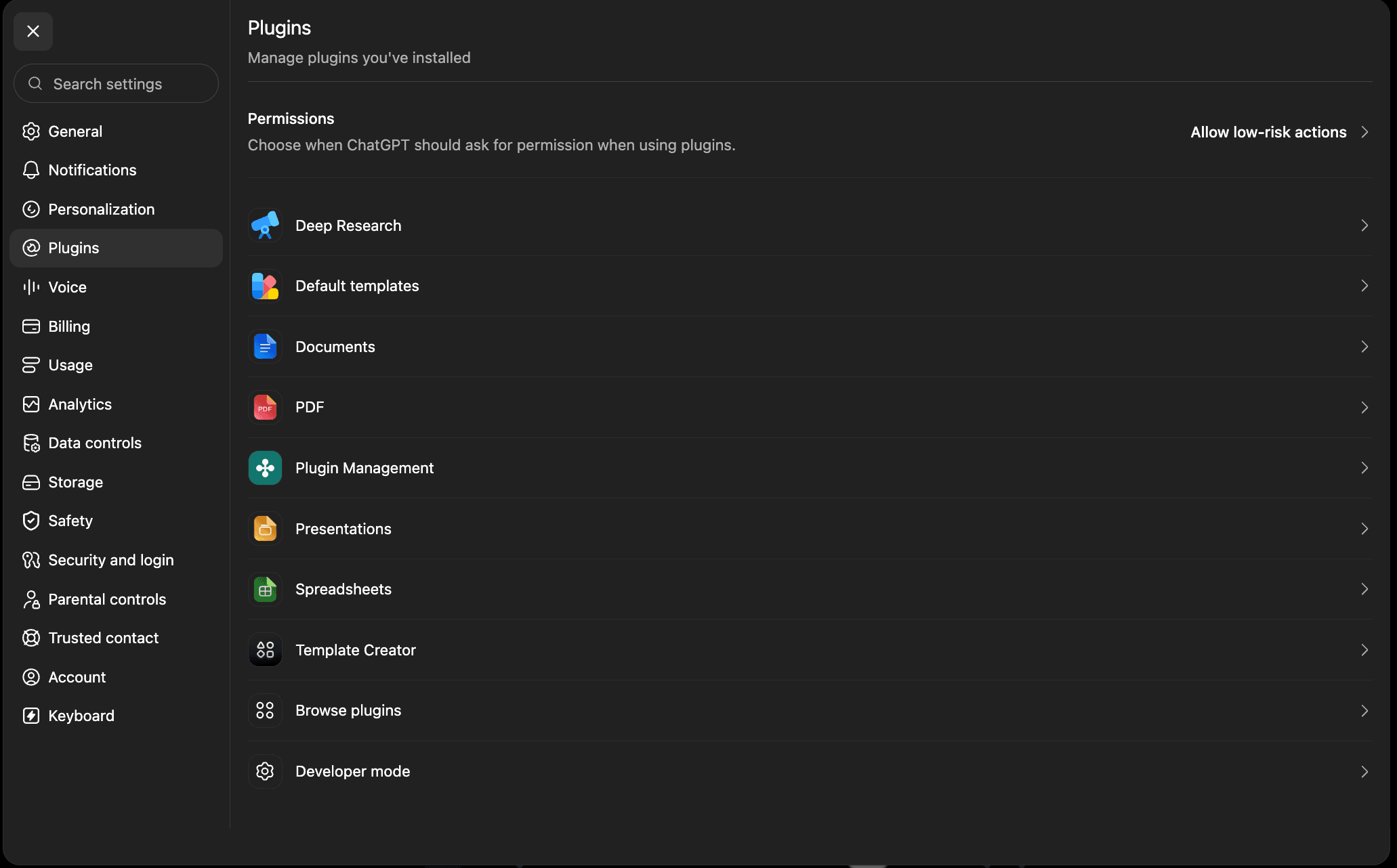 ChatGPT Plugins settings with Developer mode