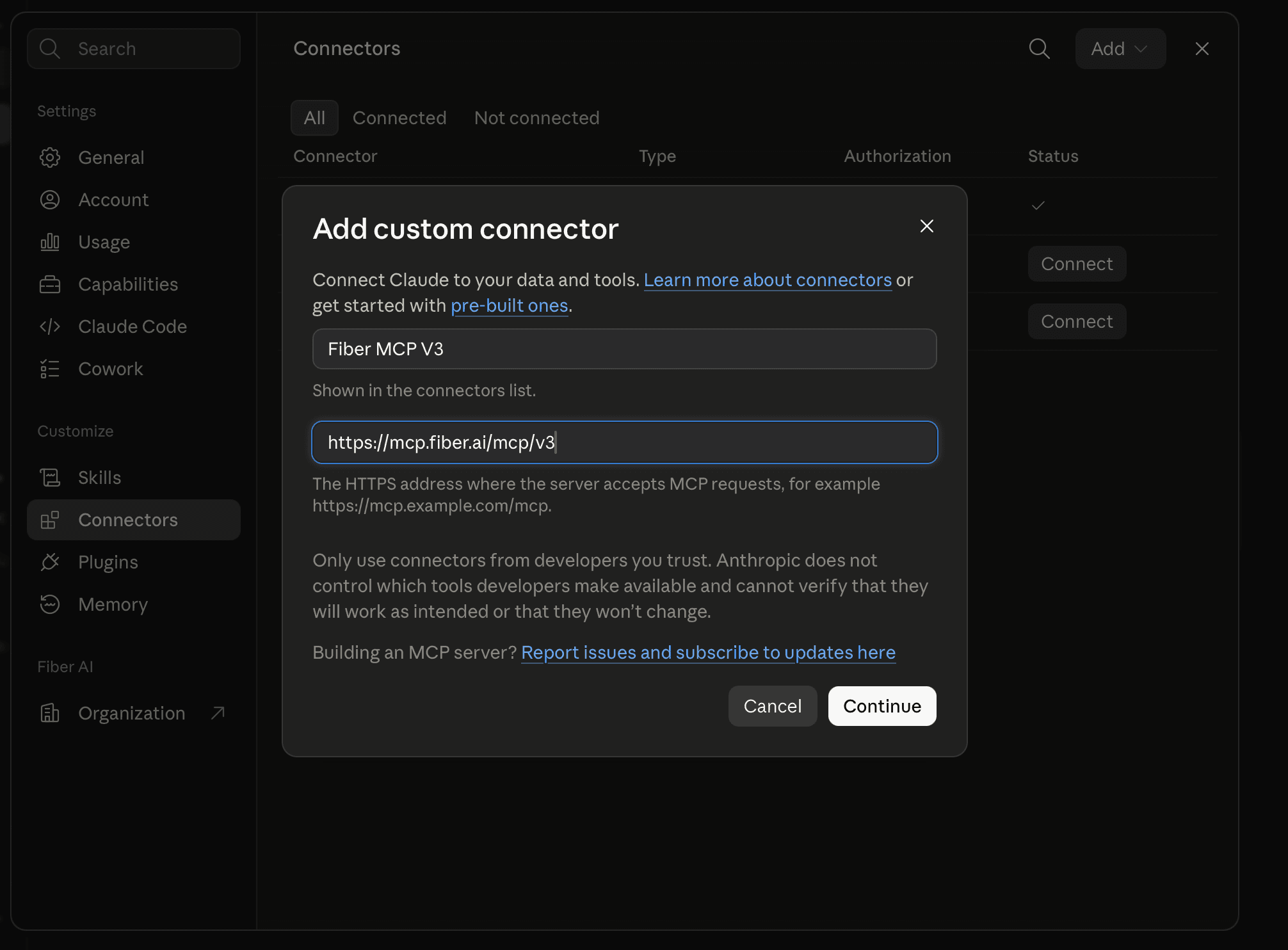 Claude Add custom connector with Fiber V3 URL
