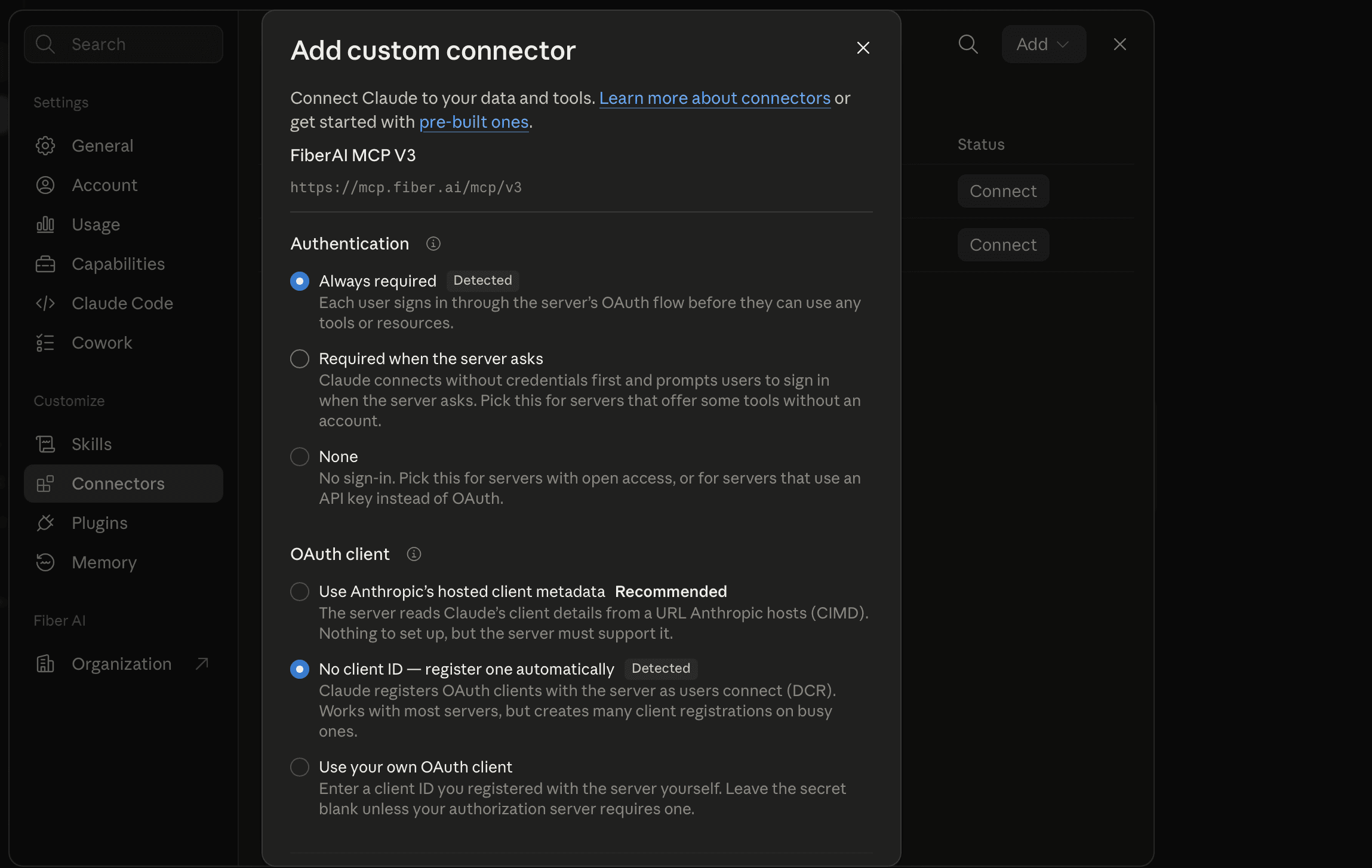 Claude connector authentication Always required