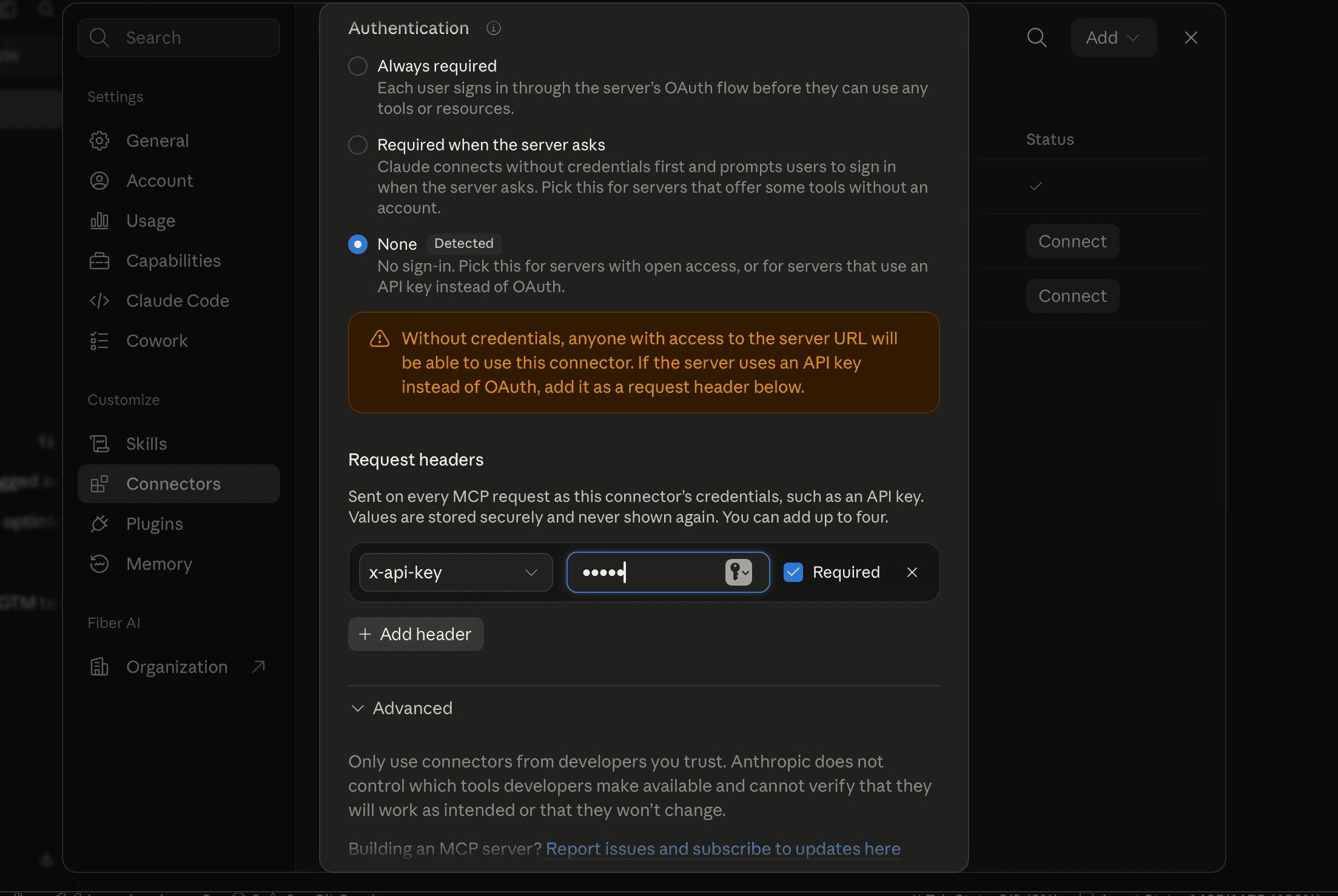 Claude connector with x-api-key request header