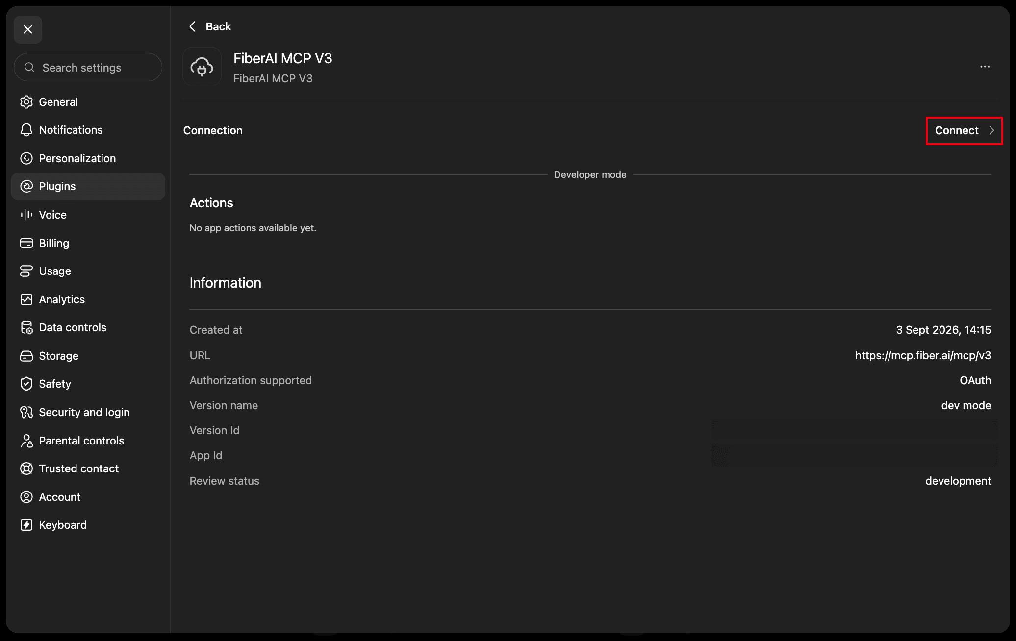 ChatGPT Fiber MCP V3 plugin before Connect