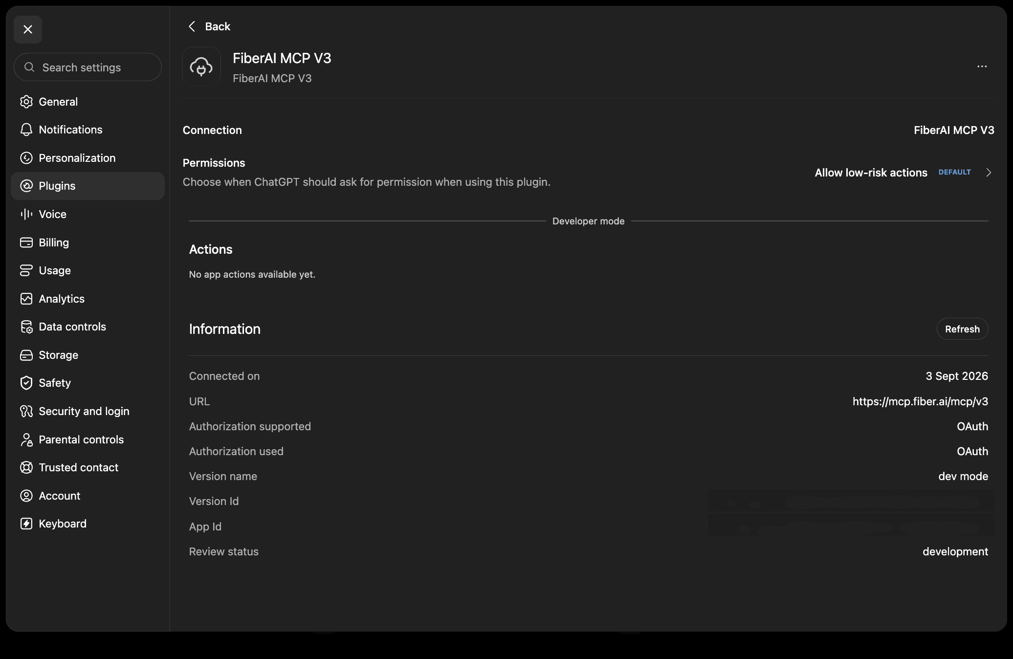 ChatGPT Fiber MCP V3 connected after OAuth